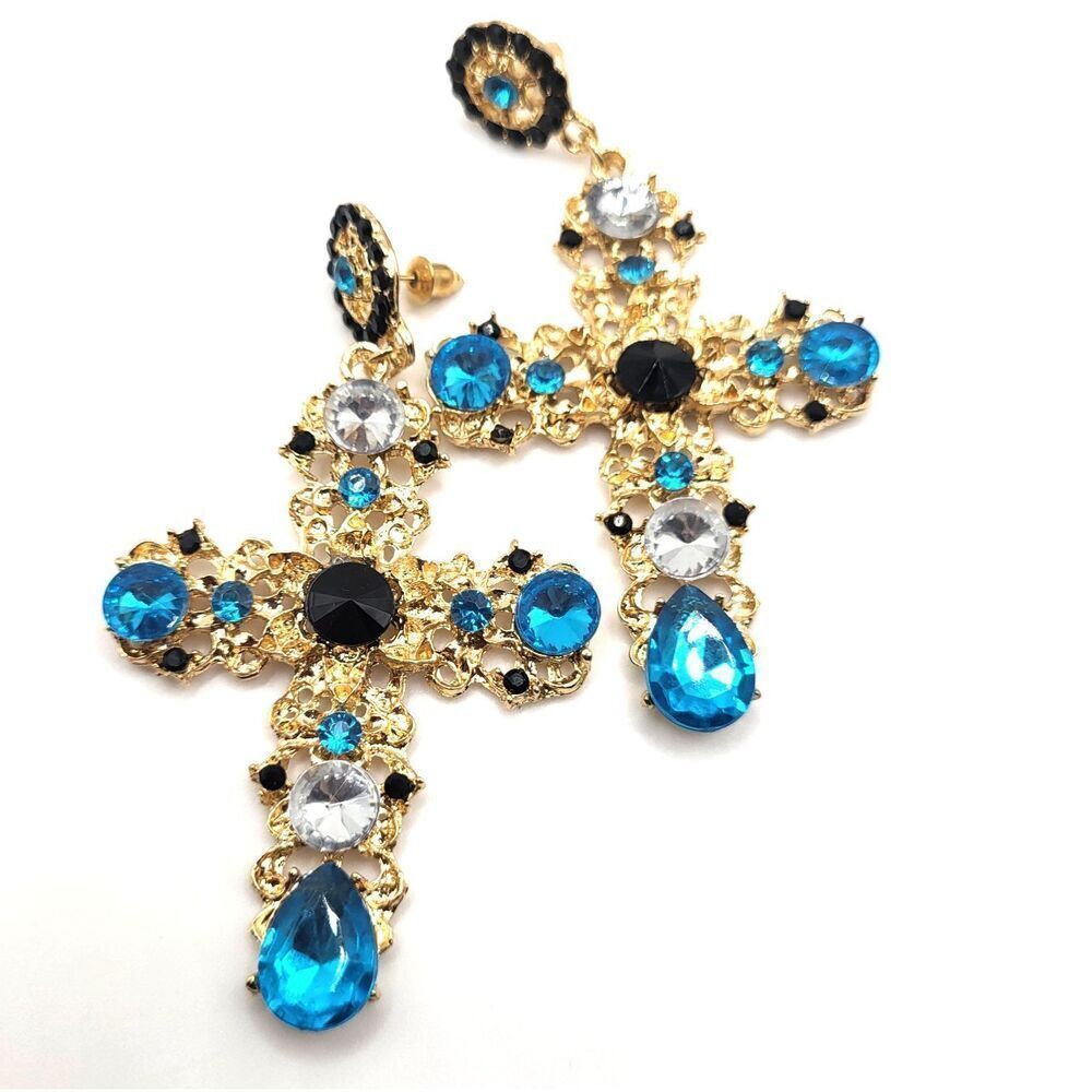 Baroque Blue and Gold Cross Earrings 3.25in
